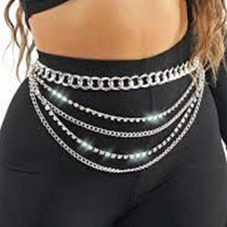 Body Chains | DRESBE Dresbe Boho Layered Body Chain Silver Rhinestones Belly Waist Chain Party Body Jewelry Accessories For Women And Girls