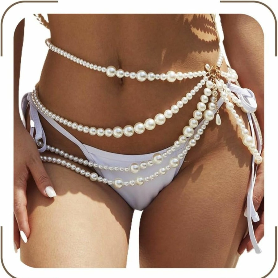 Body Chains | REETAN Reetan Pearl Body Chain White Layered Waist Chains Bikini Beach Rave Party Club Body Accessories Jewelry For Women And Girls