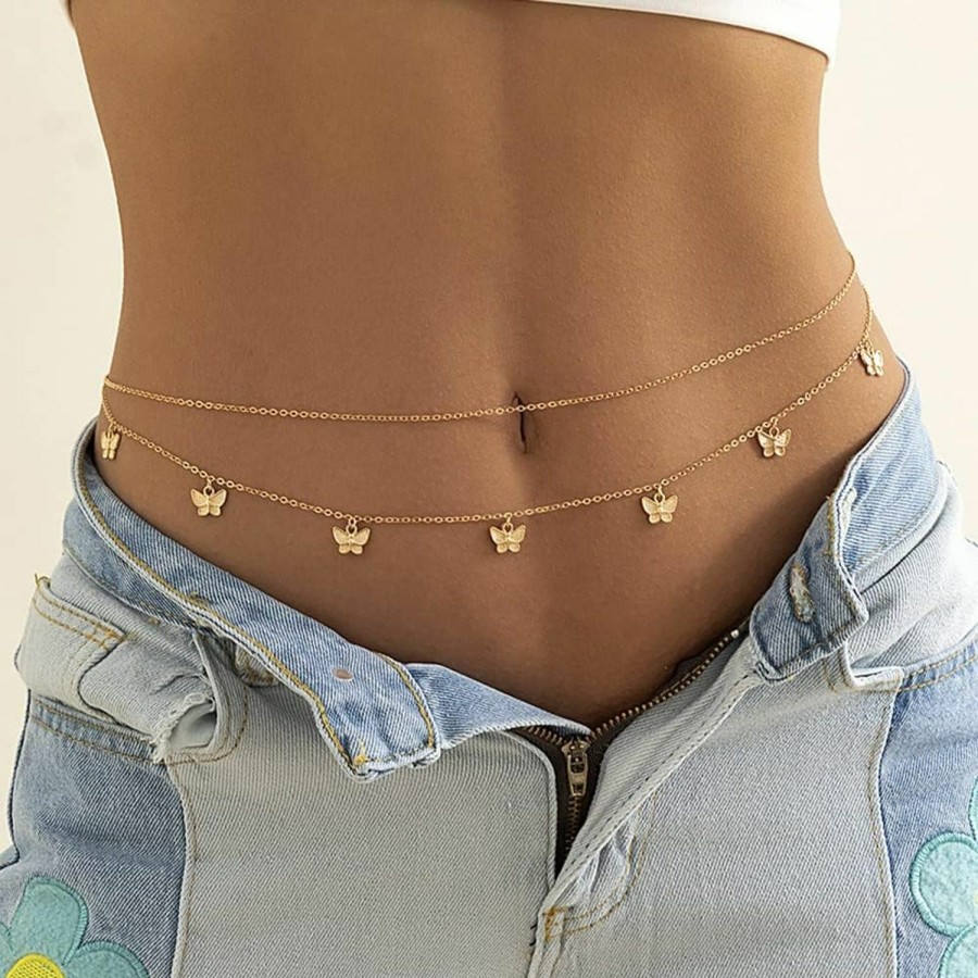 Body Chains | Missgrace Missgrace Boho Layered Sexy Waist Chain Minimalist Beach Bikini Butterfly Body Chain Gold Belly Chain Adjustable Tassel Charms Trendy Jewelry Accessories For Women