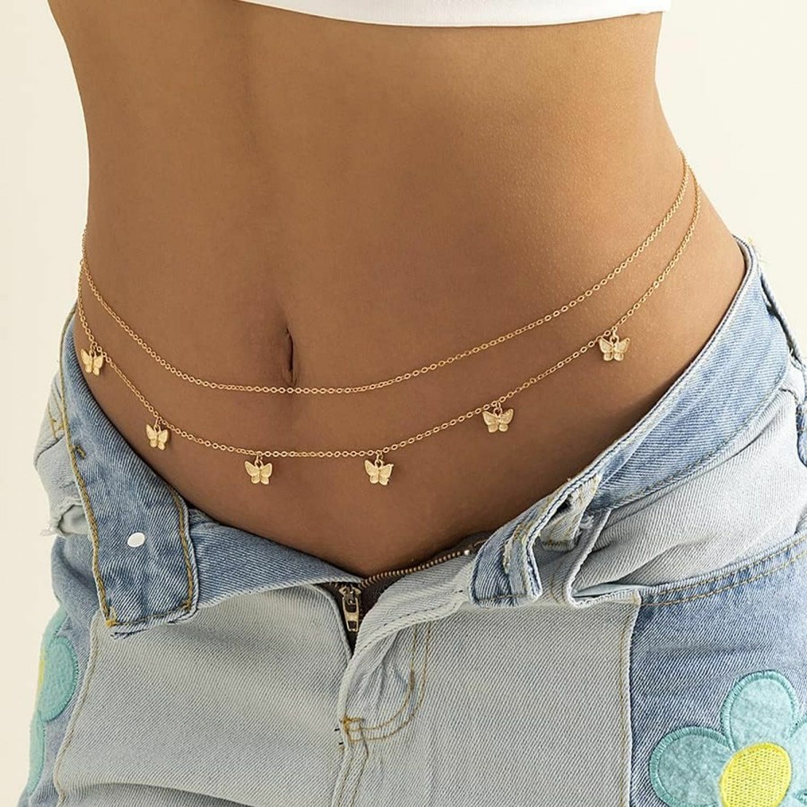 Body Chains | Missgrace Missgrace Boho Layered Sexy Waist Chain Minimalist Beach Bikini Butterfly Body Chain Gold Belly Chain Adjustable Tassel Charms Trendy Jewelry Accessories For Women