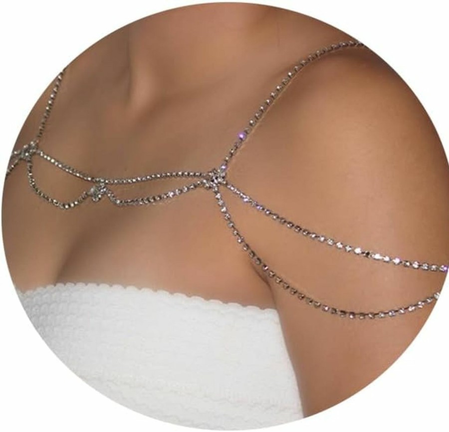 Body Chains | Rotaiboes Rhinestone Shoulder Body Chain Jewelry,Multi-Layered Flower Rhinestone Bridal Back Chain Necklace Sexy Festival Rave Crystal Shoulder Chain Wedding Backdrop Jewelry For Women