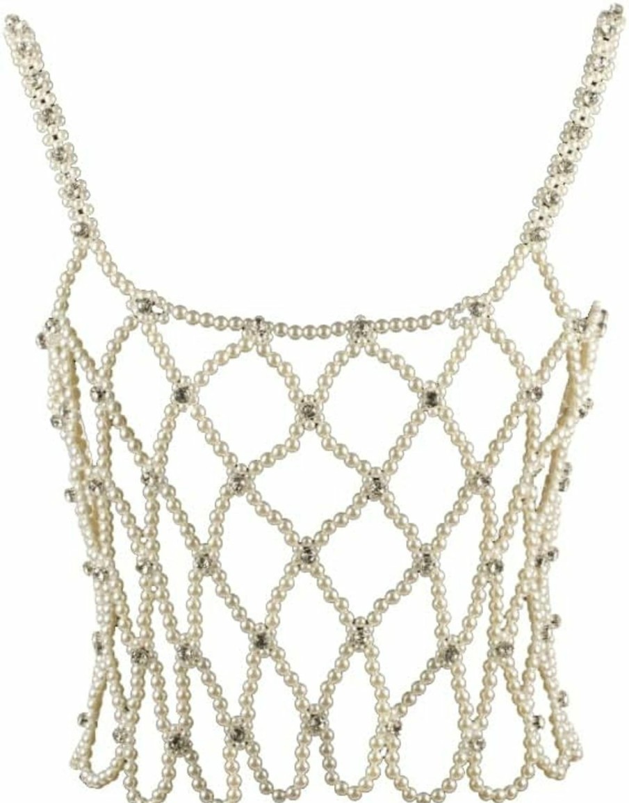 Body Chains | Florate Florate Pearl Body Chain For Women White Bead Mesh Cover Up Top Shoulder Shawl Statement Necklace Jewelry Costume