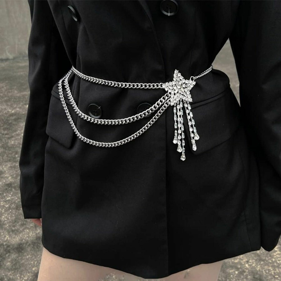 Body Chains | Jumwrit Jumwrit Rhinestone Chain Belt Silver Layered Waist Chain Adjustable Metal Body Link Belt Sparkle Tassel Chain Big Star Belly Chain Boho Party Beach Body Jewelry Accessories For Women And Girls