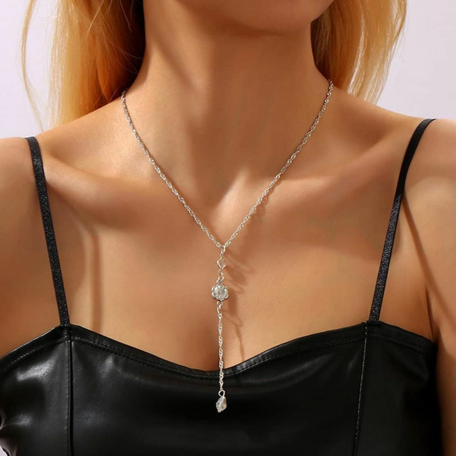 Body Chains | Jumwrit Jumwrit Backdrop Necklace Rhinestone Back Necklace Body Chain Long Bridal Back Necklace Silver Flower Chain Necklace Wedding Body Jewelry For Women Girls