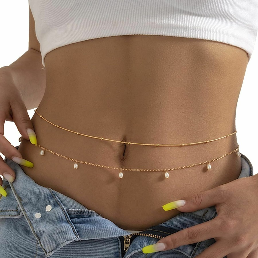 Body Chains | Cusmyre 2Pcs Summer Beaded Waist Chain Metal Bikini Multi-Layer Waist Belly Chain Sexy Beach Beads Body Chain Pearl Simple Waist Chain For Women Girls