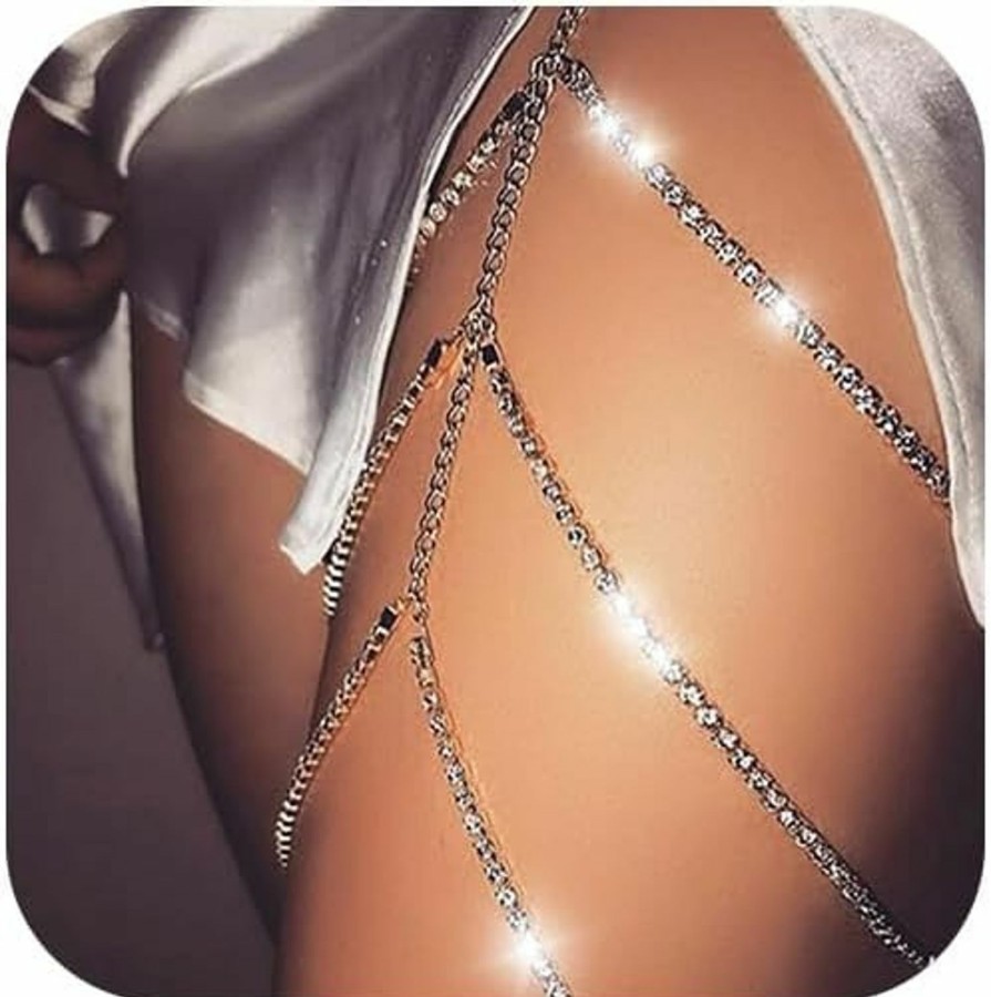 Body Chains | DRESBE Dresbe Layered Rhinestone Thigh Chain Silver Body Chains Elastic Leg Chain Sexy Party Body Jewelry Accessories For Women And Girls