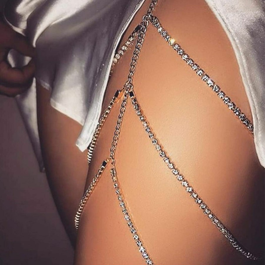 Body Chains | DRESBE Dresbe Layered Rhinestone Thigh Chain Silver Body Chains Elastic Leg Chain Sexy Party Body Jewelry Accessories For Women And Girls