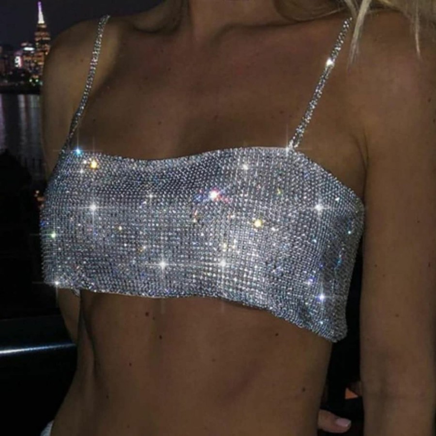 Body Chains | JEWEKY Jeweky Rhinestone Crop Top Sparkly Body Chain Silver Bra Chain Backless Chest Chains Rave Party Body Jewelry Accessories For Women