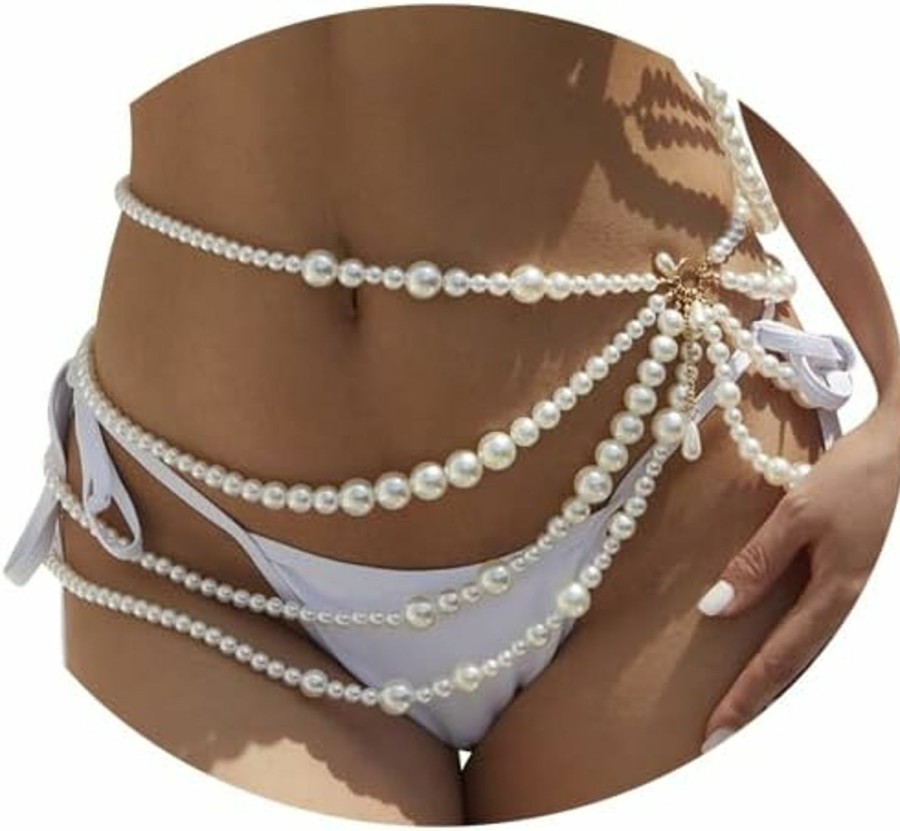 Body Chains | Cusmyre Summer Multi-Layered Long Big Pearl Waist Chain Belt Pearl Waistband Pearl Hip Belly Body Chain Dress Pearl Belt For Women