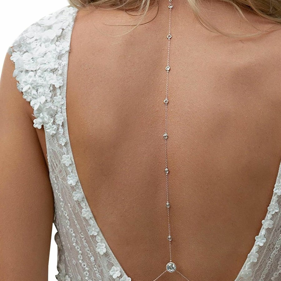 Body Chains | Cusmyre Rhinestone Waterdrop Back Chain Necklace Bridal Wedding Backdrop Chain Crystal Choker Long Body Chain Necklace Rhinestone Waist Belly Chain Jewelry For Women (Crystal-Silver)