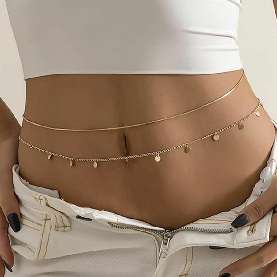 Body Chains | Zeshimb Zeshimb Layered Waist Chain For Women Gold Sequin Charms Belly Chain Sexy Snake Bikini Body Chain Boho Beach Round Snake Chain Waist Body Belt Party Prom Body Accessory Jewelry