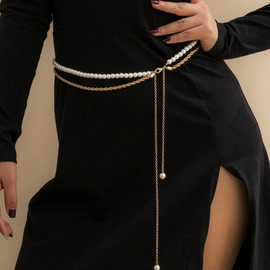 Body Chains | Rumtock Rumtock Pearl Beaded Double Layered Gold Waist Chain For Women Girls Belt Chain For Dress Decoration