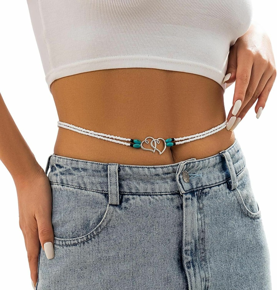 Body Chains | Cusmyre Boho Double Layer Beaded Waist Chain Jewelry,Sexy Heart Pendant Adjustable Belly Body Chain,Summer Beach Heart Body Chain,Bikini Beads Waist Body Jewelry For Women (Heart)