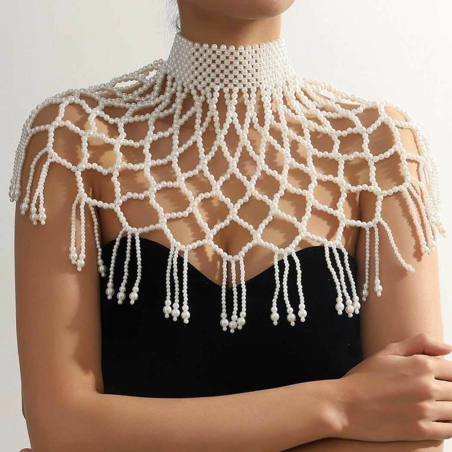 Body Chains | Aiosy Aiosy Pearls Body Chain Bra Shawl Necklace Pearl Sexy Shoulder Chain Top Beaded Backless Chest Chains Rave Outfit For Women Party Festival Birthday Beach