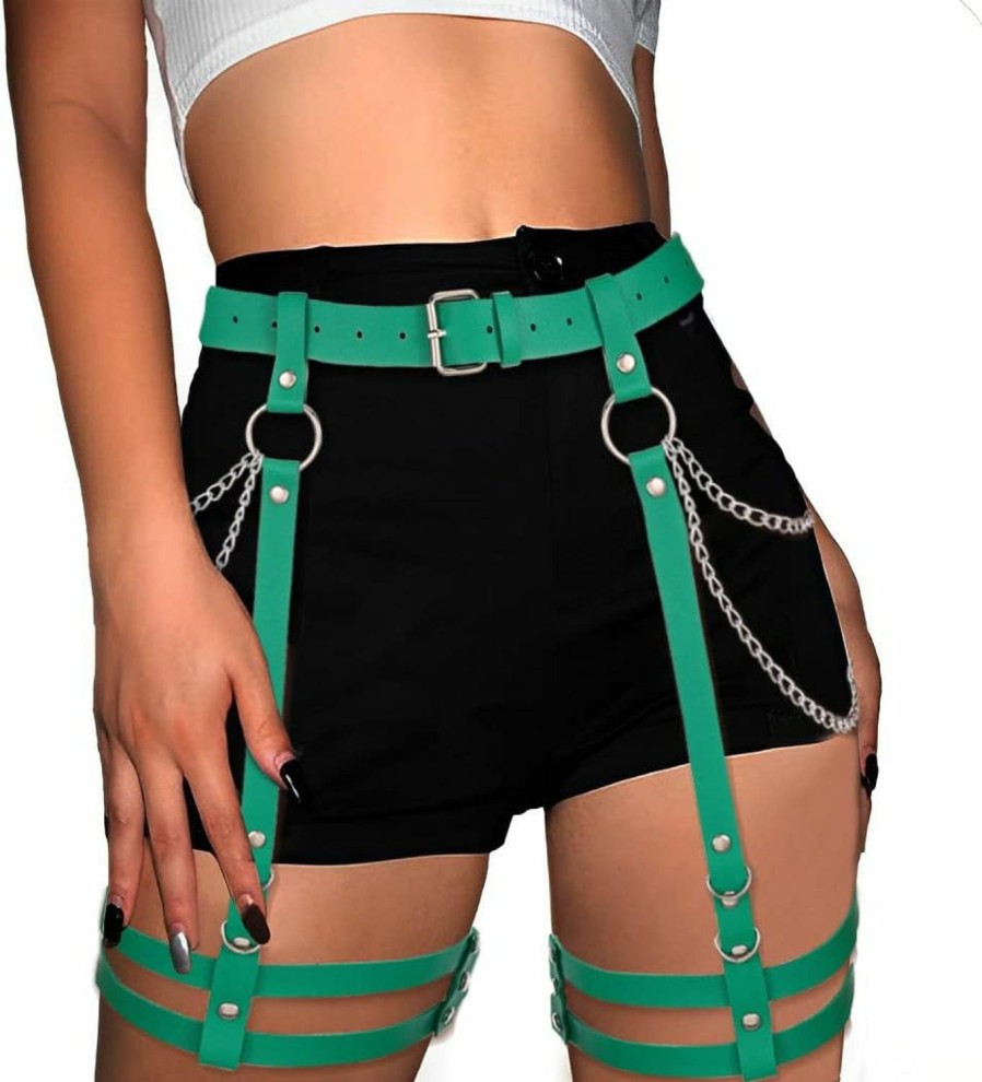 Body Chains | COSYDAYS Cosydays Punk Leg Waist Chain Belt Green Leather Body Chains Thigh Harness Goth Thigh Chain Belt Garter Ring Party Rave Outfits Body Chain Jewelry For Women And Girls