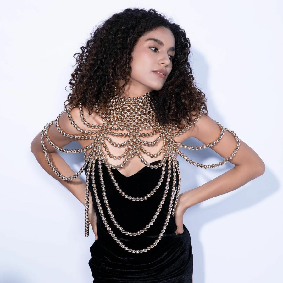 Body Chains | CCbodily Ccbodily Pearl Body Chain Bra - Fashion Shoulder Necklaces Bra Chain Body Jewelry (B-Gold)