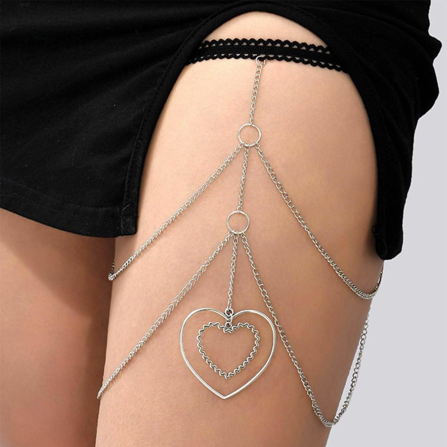 Body Chains | YienDoo Yiendoo Sexy Harness Leg Chain Boho Lace Thigh Band Silver Chain Heart Pendant Unique Layered Thigh Chain Rave Body Chain Bikini Party Jewelry Accessories For Women Girls