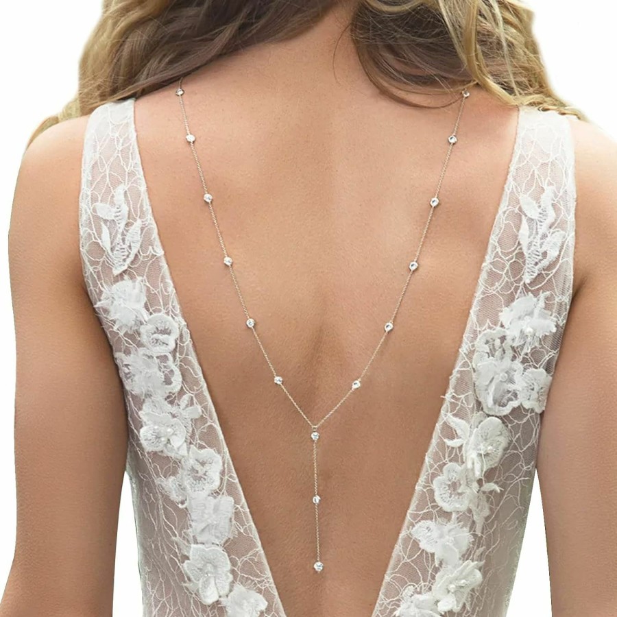 Body Chains | Leivkatuy Luxury Wedding Rhinestone Back Necklace Layered Bridal Rhinestone Back Chain Rhinestone Backdrop Necklace Body Chain Crystal Wedding Bridal Body Jewelry For Women (Silver)