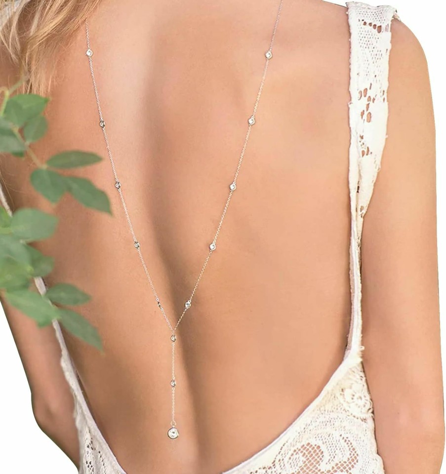 Body Chains | Leivkatuy Luxury Wedding Rhinestone Back Necklace Layered Bridal Rhinestone Back Chain Rhinestone Backdrop Necklace Body Chain Crystal Wedding Bridal Body Jewelry For Women (Silver)