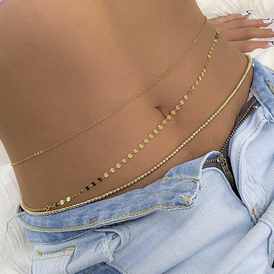 Body Chains | Octwine Octwine Fashion Pack Of 3 Beads Sequin Waist Belly Chain 3 Layer Summer Beach Bikini Punk Waist Chain Trendy Jewelry For Women And Girls(Gold)