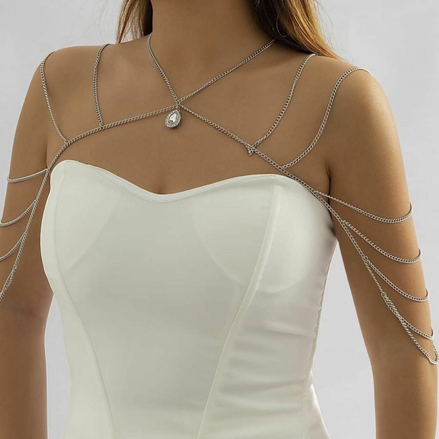 Body Chains | Missgrace Missgrace Bride Women Rhinestones Shiny Statement Body Chain Jewelry Shawl Silver Dainty Body Jewelry Layered Shoulder Chain Wedding Party Nightclub Body Accessories Jewelry For Women Bride