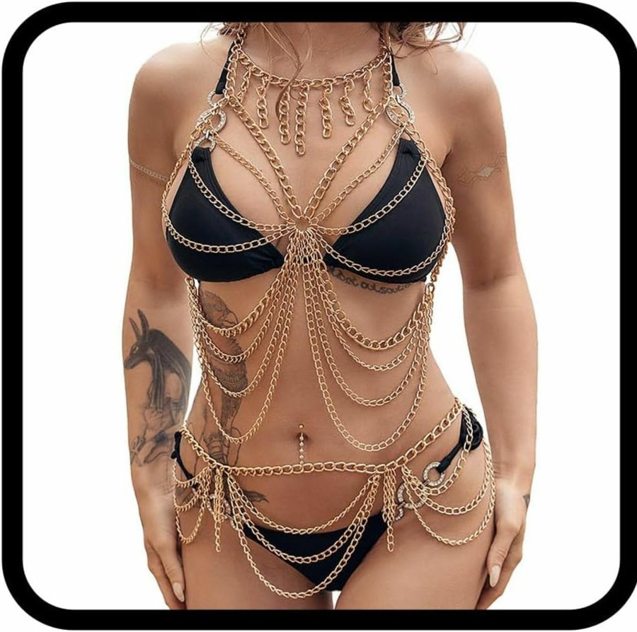 Body Chains | BODIY Bodiy Boho Body Chain Set Gold Chest Body Chains Bra Waist Belly Chain Layered Body Accessory Beach Bikini Chain For Women And Girls