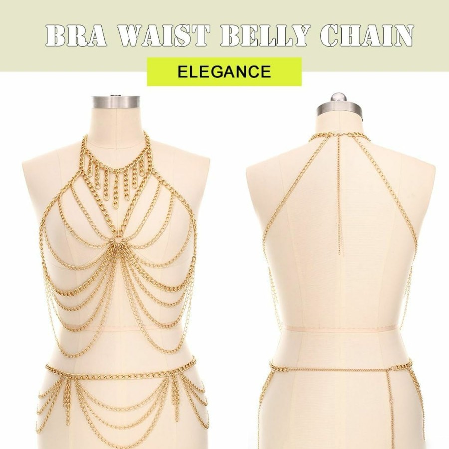 Body Chains | BODIY Bodiy Boho Body Chain Set Gold Chest Body Chains Bra Waist Belly Chain Layered Body Accessory Beach Bikini Chain For Women And Girls