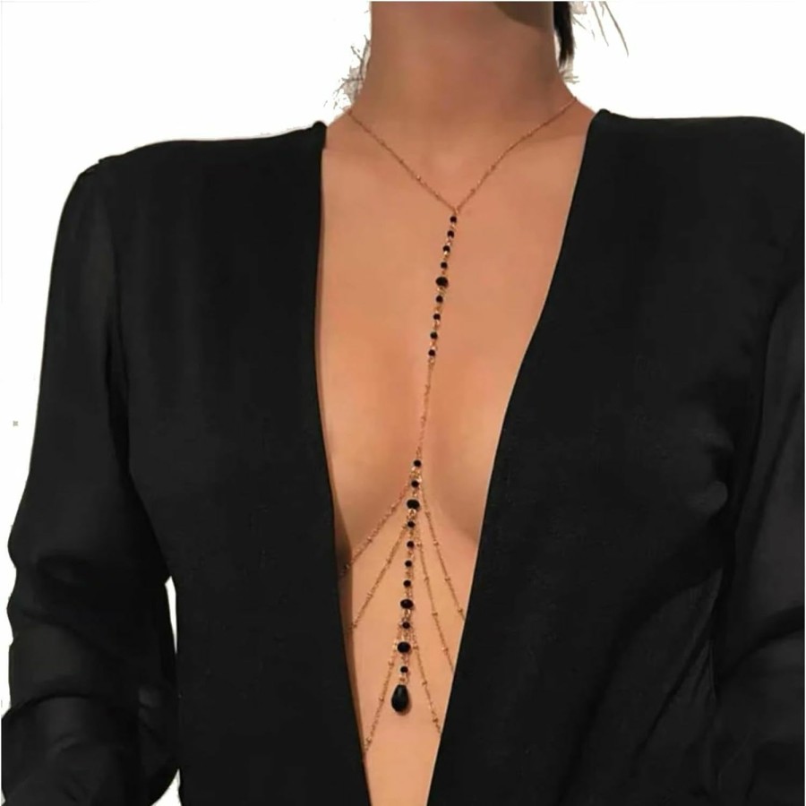 Body Chains | Zaner Body Chain Tassel Crystal Bra Body Chain Crystal Ladder Body Jewelry Gold Filled Black Gemstone Bead Body Beach Jewelry For Her