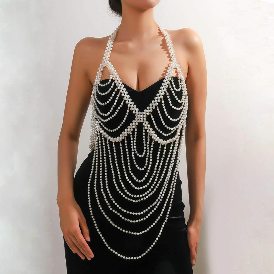 Body Chains | Aiosy Aiosy Pearl Body Chain Shoulder Shawl Necklaces Bra Chain Beaded Backless Body Jewelry Sexy Bikini Chest Chains Rave Outfit For Women And Girls