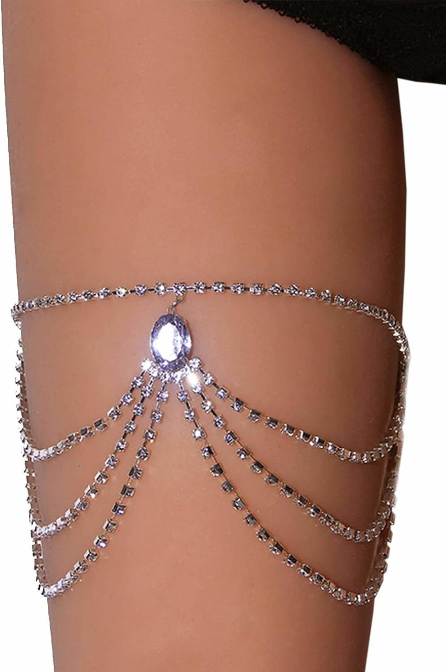 Body Chains | Cusmyre Rhinestone Thigh Chain Elastic Leg Chain Thigh Belt Crystal Multi-Layer Leg Chain Bracelet Leg Jewelry For Women Nightclub (Silver 1)