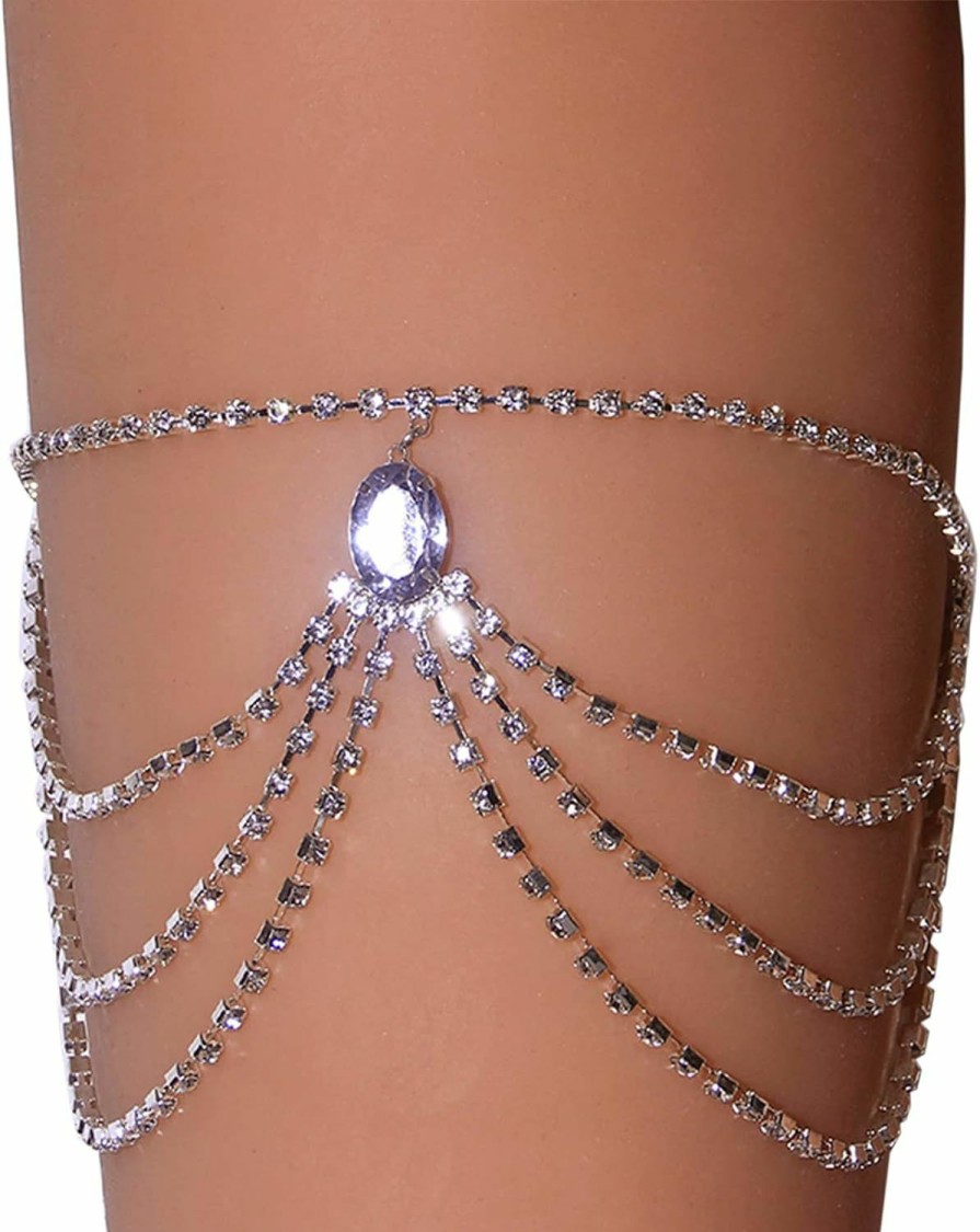 Body Chains | Cusmyre Rhinestone Thigh Chain Elastic Leg Chain Thigh Belt Crystal Multi-Layer Leg Chain Bracelet Leg Jewelry For Women Nightclub (Silver 1)