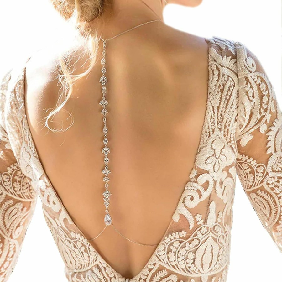 Body Chains | Cusmyre Luxury Rhinestone Back Chain Necklace Bridal Wedding Backdrop Chain Crystal Choker Long Body Chain Necklace Rhinestone Waist Belly Chain Jewelry For Women (Silver)