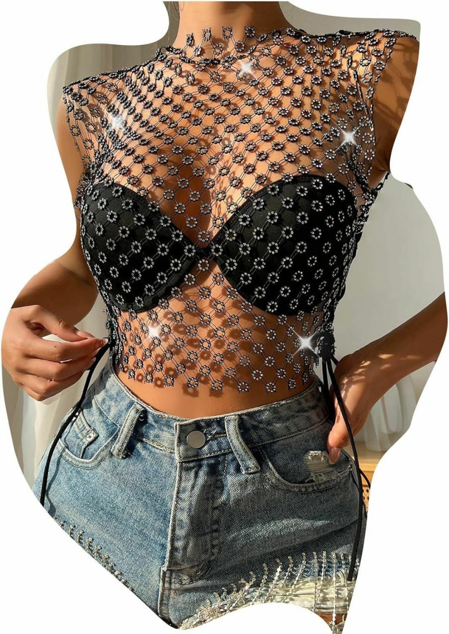 Body Chains | luyawang Women Mesh Body Chains Rhinestone Sleeve Crystal See Through Fishnet Bikinicrop Top Suit For Daily Or Night Club Jewelry