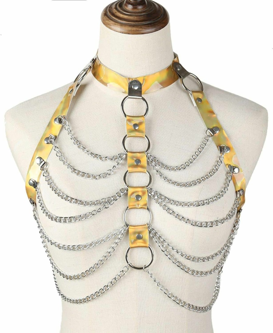 Body Chains | CareUToo Laser Dazzle Punk Leather Body Chain Belt Leather Chest Chain Shoulder Bra Harness Chain Body For Women And Girls