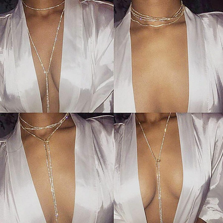 Body Chains | Campsis Fashion Crystal Body Chain Gold Choker Necklace Layered Chest Chains Bra Summer Beach Party Jewelry For Women And Girls