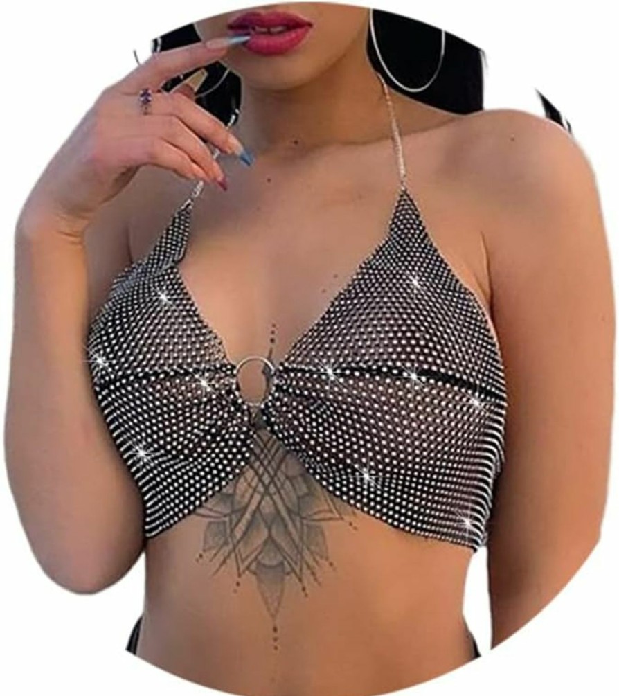 Body Chains | Yokawe Yokawe Sexy Crystal Bra Body Chain Black Sparkly Rhinestone Bikini Chains Bra Crop Top Party Rave Festival Nightclub Body Accessories Jewelry For Women And Girls (Black)