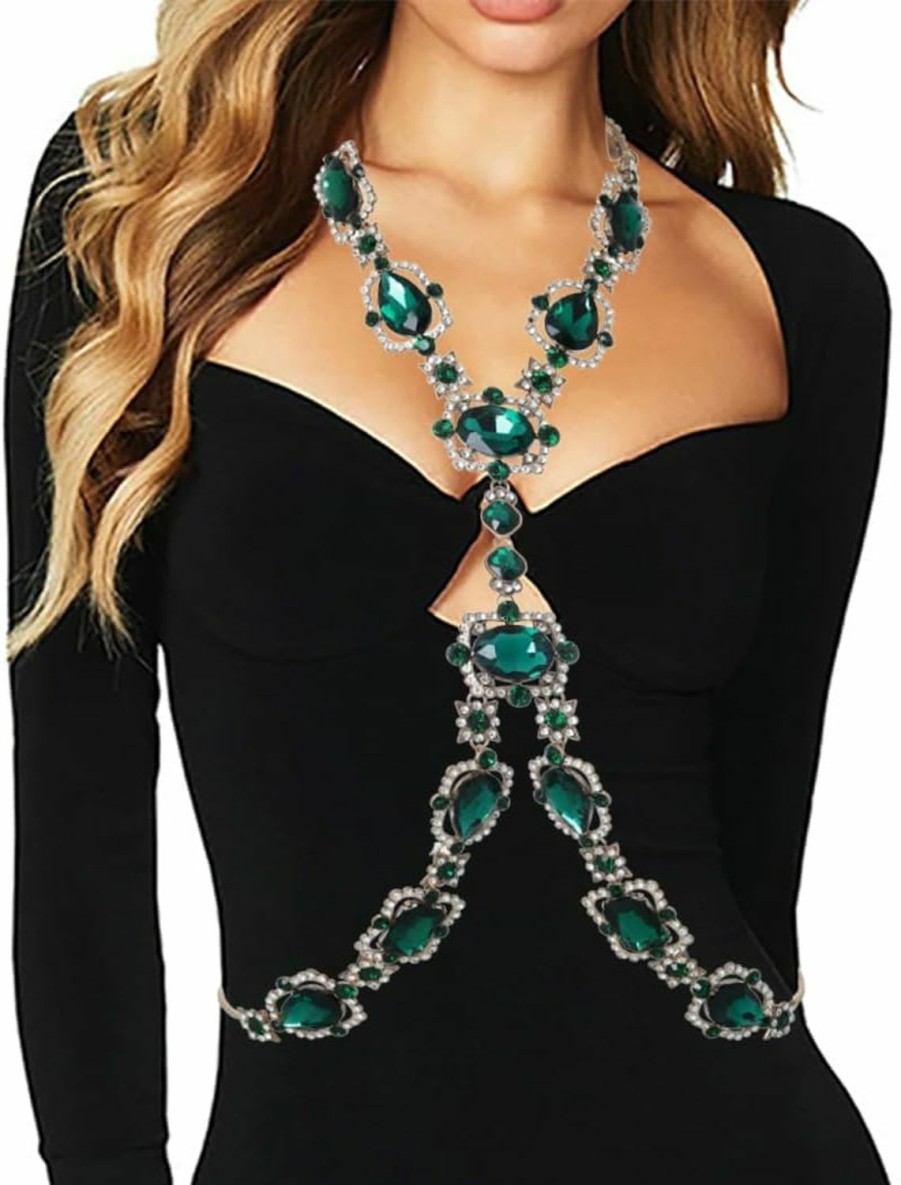 Body Chains | Formery Formery Vintage Crystal Body Chains Rhinestone Green Chest Chain Rave Party Statement Neacklace Body Accessories For Women(Gift Box)