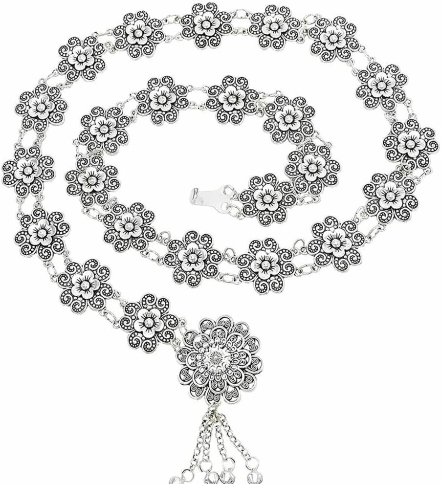 Body Chains | idealway Idealway Bohemian Vintage Body Chain Antique Silver Carved Flower Belt Belly Dance Chain Women Beach Dancing Jewelry (A)