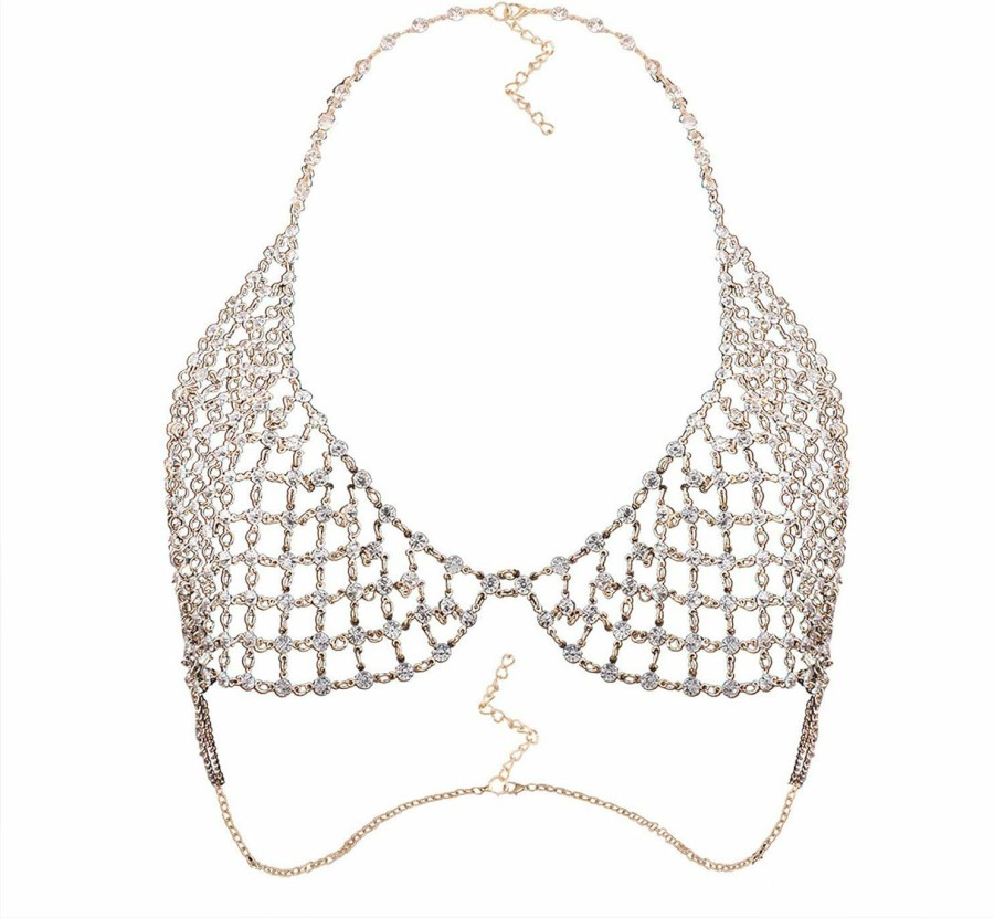 Body Chains | idealway Idealway Sexy Crystal Rhinestones Body Jewelry Fashion Bikini Chain Necklace Hollow Out Underwear Bra Design Summer Beach (Gold)