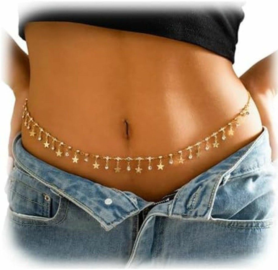 Body Chains | WFik Sexy Stars Pendant Rhinestone Waist Chain Belt Summer Crystal Star Tassel Waist Body Chain Festival Rave Belly Necklace Bikini Simple Waist Belly Chain For Women