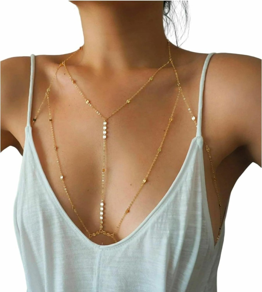 Body Chains | VRIOVN Sequins Bra Body Chain, Tiny Coins T-Row Dainty Chain Bralette, Bikini Body Jewelry, Layering Festival Body Chain For Women