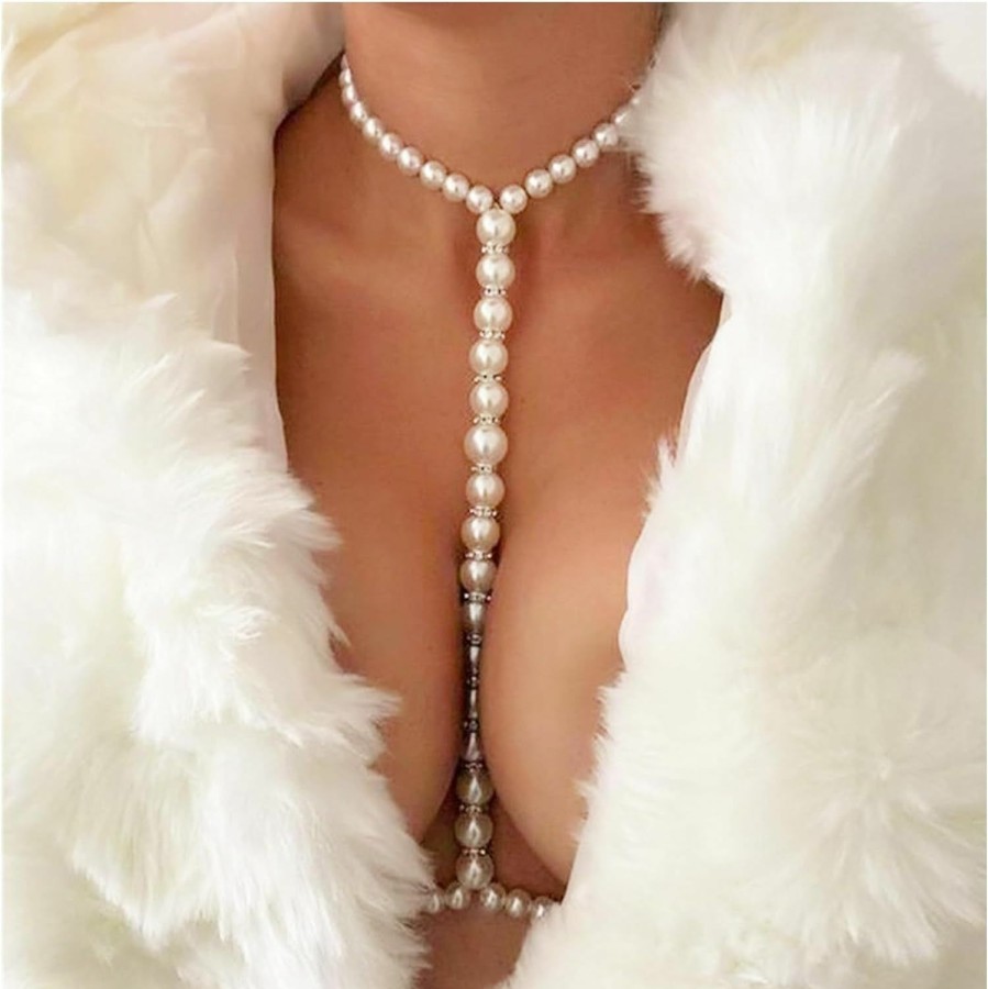 Body Chains | Rotaiboes Sexy Body Chain Summer Beach White Pearls Chest Chain Body Chain Necklace Bikini Lingerie Chain Rave Outfits Body Accessories Jewelry For Women