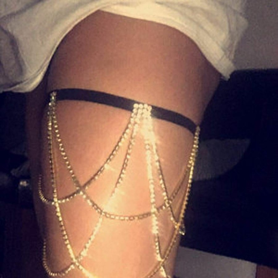 Body Chains | DRESBE Dresbe Boho Rhinestones Leg Chain Layered Body Chains Ballerina Thigh Chain Party Bikini Body Jewelry Accessories For Women And Girls (Gold)