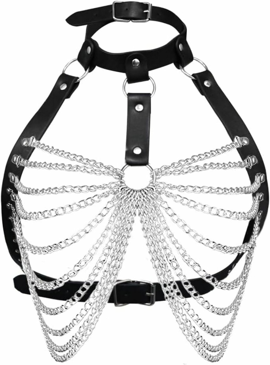 Body Chains | ACHTSIX Punk Black Leather Body Chain Belt Layered Body Jewelry Harness For Women, Achtsix Goth Accessories Rave Outfits For Girls