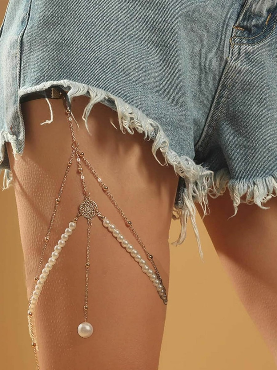 Body Chains | YANCHUN Thigh Chain For Women Gold Snake Pendant Thigh Accessories Beach Leg Chain Boho Jewelry For Women (Pearl)