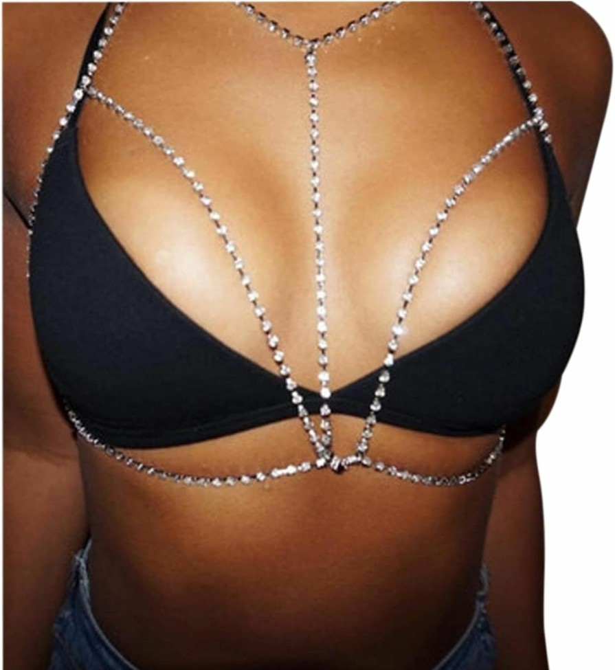 Body Chains | Rotaiboes Rhinestone Bra Chains Bikini Halter Backless Silver Crystal Body Chain Summer Beach Multi-Layered Body Jewelry For Women And Girls