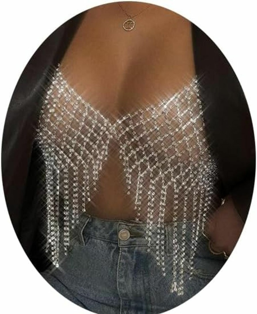 Body Chains | Cusmyre Rhinestone Tassel Bra Body Chain Sexy Bikini Top Shirt Crystal Lingerie Body Chain Festival Rave Fringe Top Body Jewelry Rhinestone Underwear Chain For Women Party