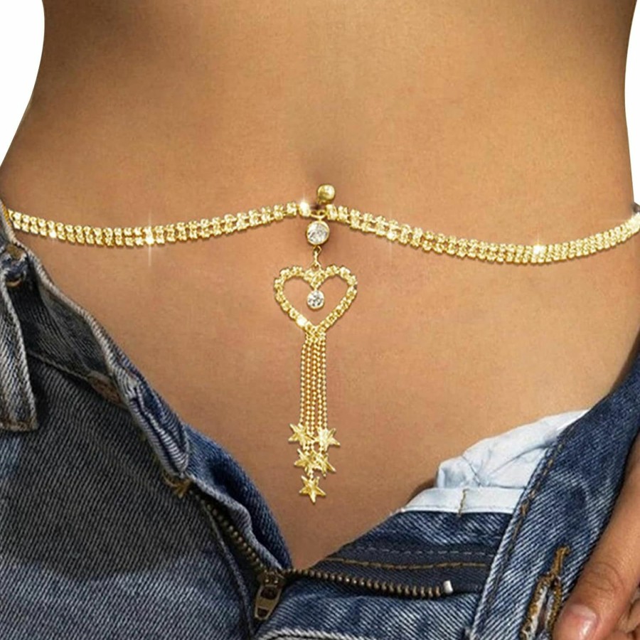 Body Chains | Cusmyre Rhinestone Heart Dangle Belly Button Ring With Waist Chain Crystal Piercing Navel Belly Chain Sexy Bikini Body Chain Jewelry Accessories For Women (Gold)