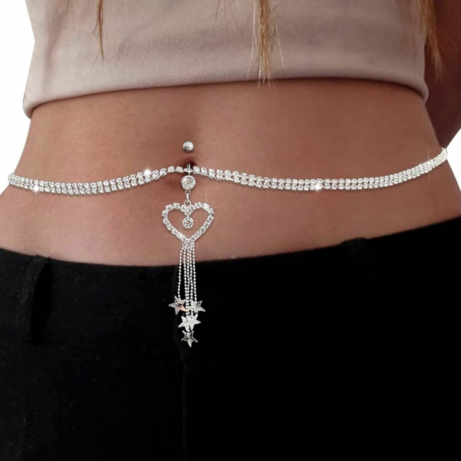 Body Chains | Cusmyre Rhinestone Heart Dangle Belly Button Ring With Waist Chain Crystal Piercing Navel Belly Chain Sexy Bikini Body Chain Jewelry Accessories For Women (Gold)