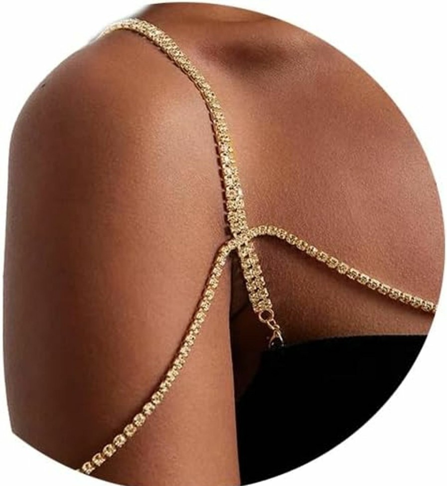 Body Chains | Cusmyre Sexy Multilayer Rhinestone Shoulder Chain Jewelry Bridal Wedding Back Chain Necklace Crystal Tassel Shoulder Body Chain Festival Shoulder Arm Chain Jewelry For Women (Rhinestone-Gold)